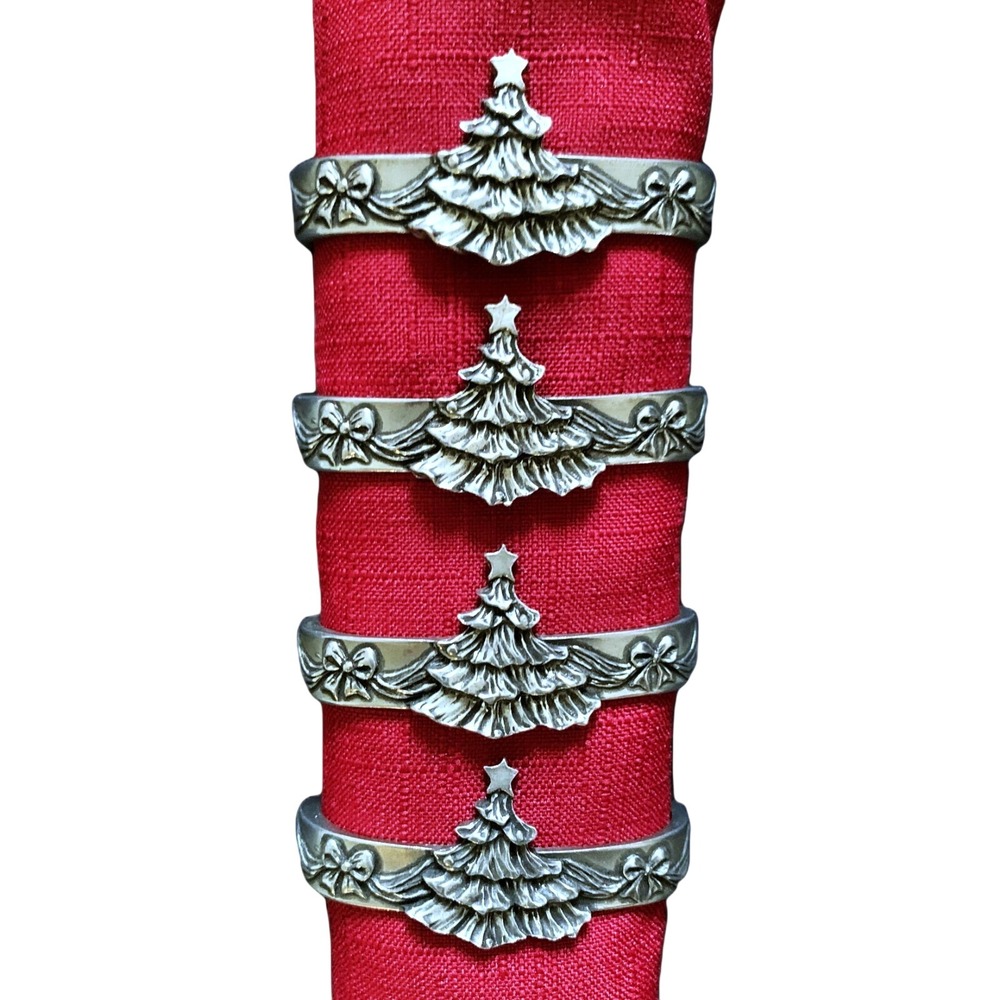 4 Oval Napkin Rings - Seagull Pewter, Canada, Christmas Trees Ribbons Bows 1990